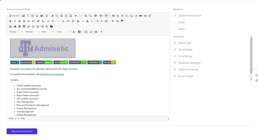 Adminetic Announcemment Module